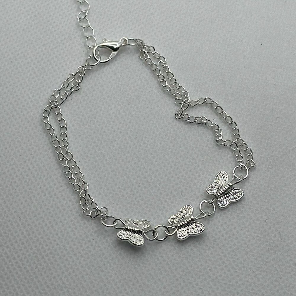Silver Tone Double Chain Butterfly Bracelet Anklet Dainty Y2K 8–10” - Picture 3 of 5